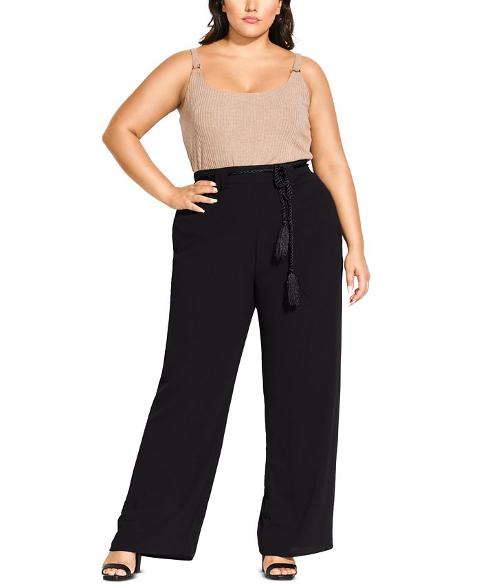 Calça palazzo feminina moderna com cinto City Chic, preta, tamanho 18W