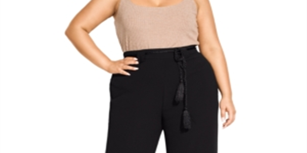 Calça palazzo feminina moderna com cinto City Chic, preta, tamanho 18W