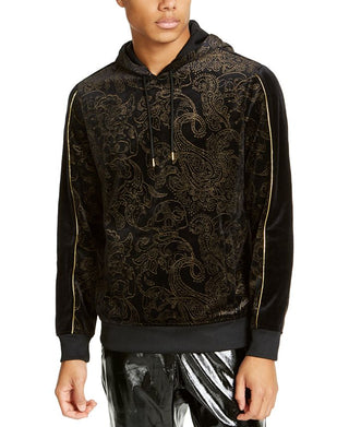 INC International Concepts Men's Sweater Metallic Velvet Pullover Hooded Black Size Small