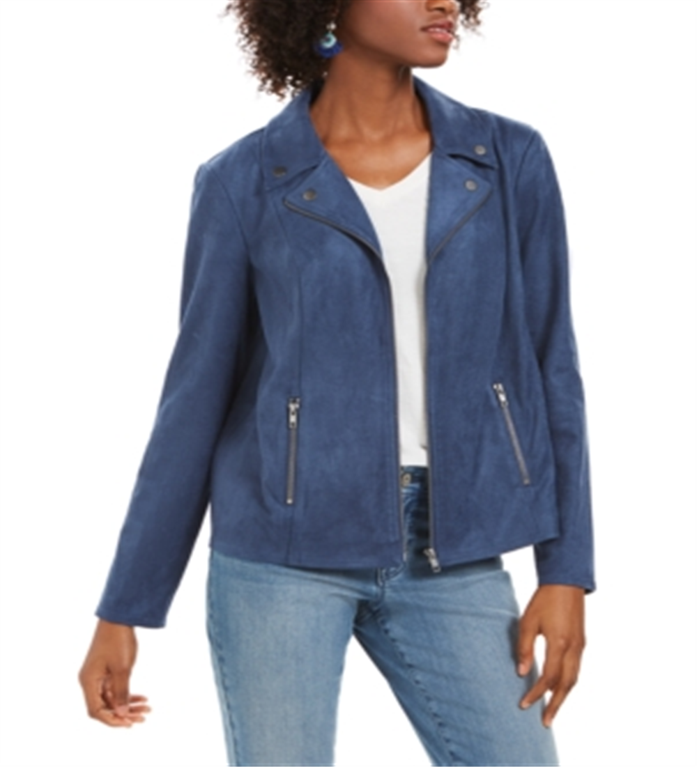 Jaqueta de motociclista feminina Style &amp; Co em camurça sintética, azul, tamanho X-S