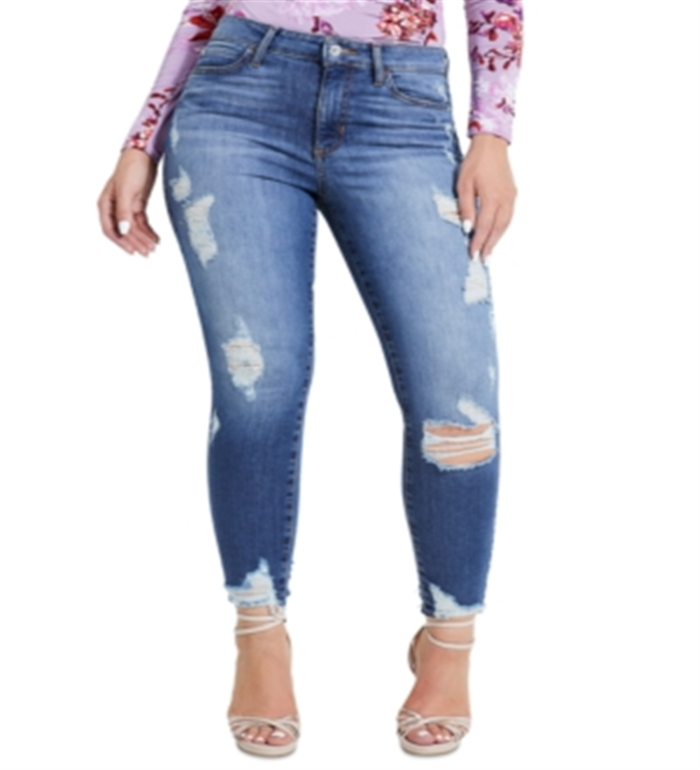 Calça jeans skinny feminina Guess 1981 Destroyed Hem, azul, tamanho 31