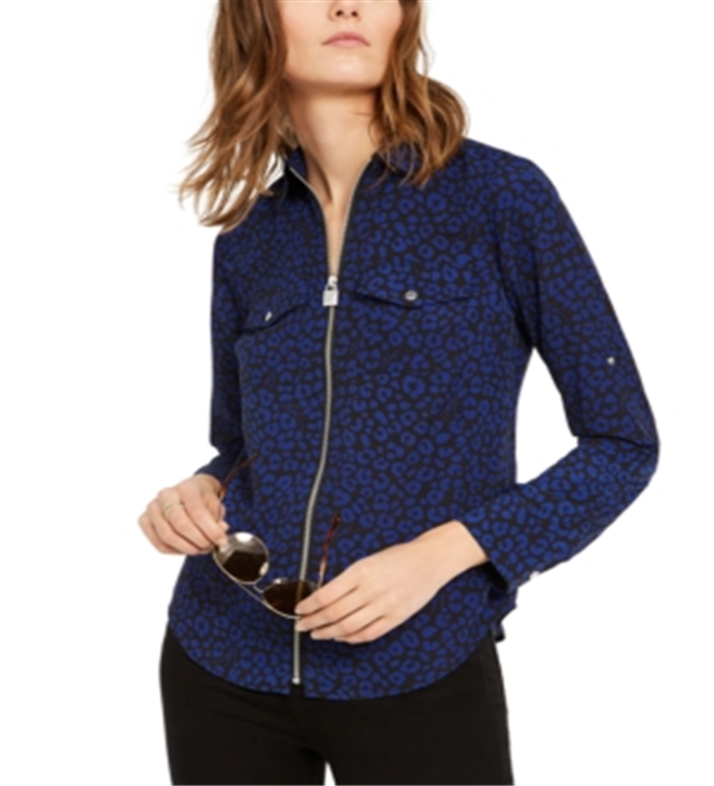 Blusa feminina Michael Kors com estampa de gato e zíper, azul, tamanho extragrande