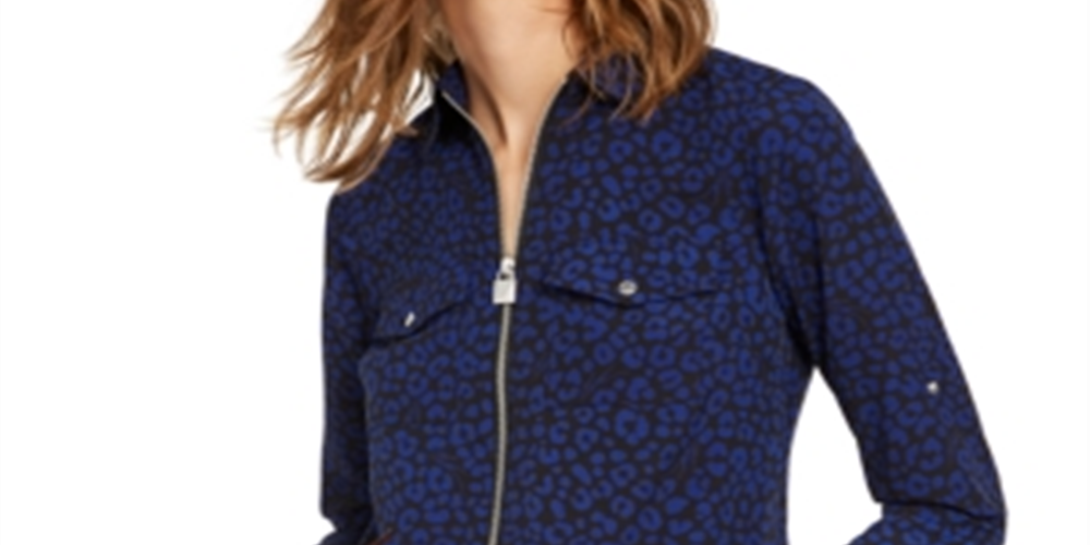 Blusa feminina Michael Kors com estampa de gato e zíper, azul, tamanho extragrande