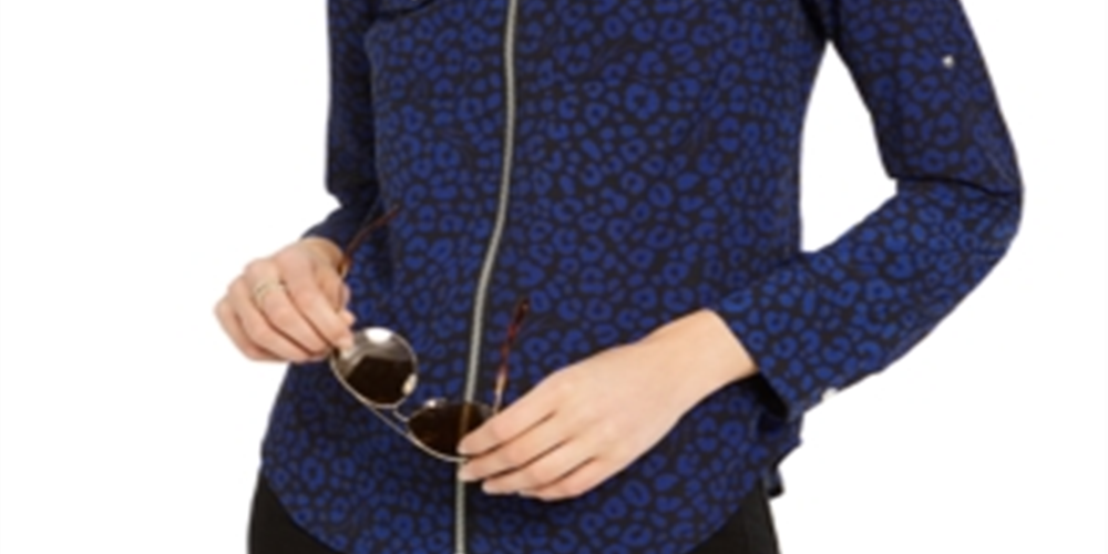 Blusa feminina Michael Kors com estampa de gato e zíper, azul, tamanho extragrande