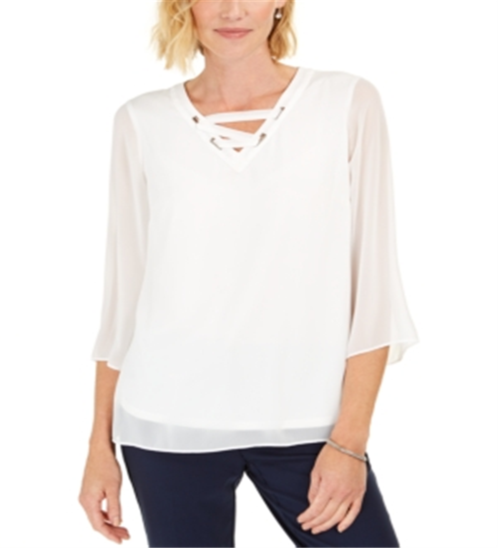 JM Collection Top feminino com cadarço e acabamento em ilhós, branco, tamanho X-S