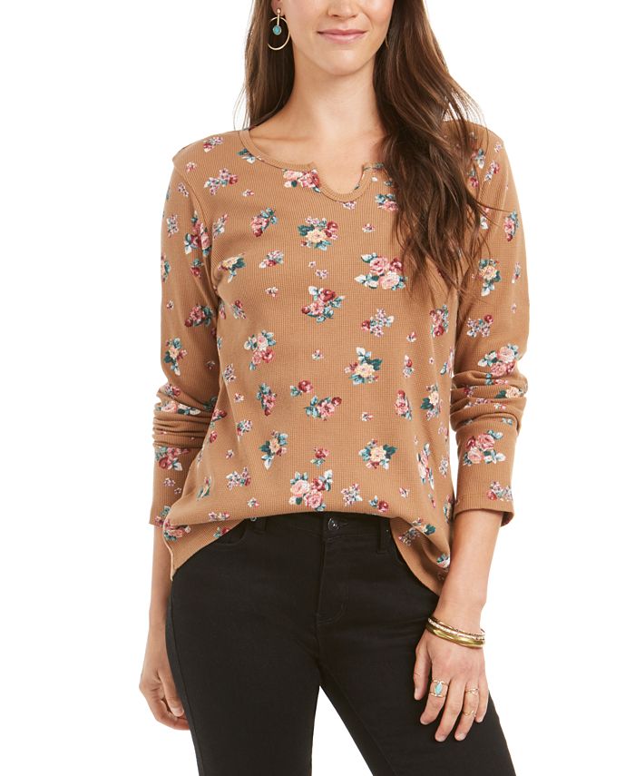Camiseta térmica feminina de algodão estampado Style &amp; Co, preta, tamanho M