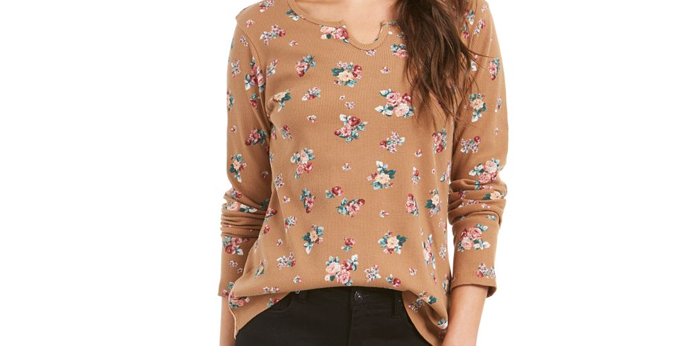 Camiseta térmica feminina de algodão estampado Style &amp; Co, preta, tamanho M