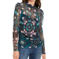 Blusa feminina com estampa floral e gola alta, azul, tamanho X-S