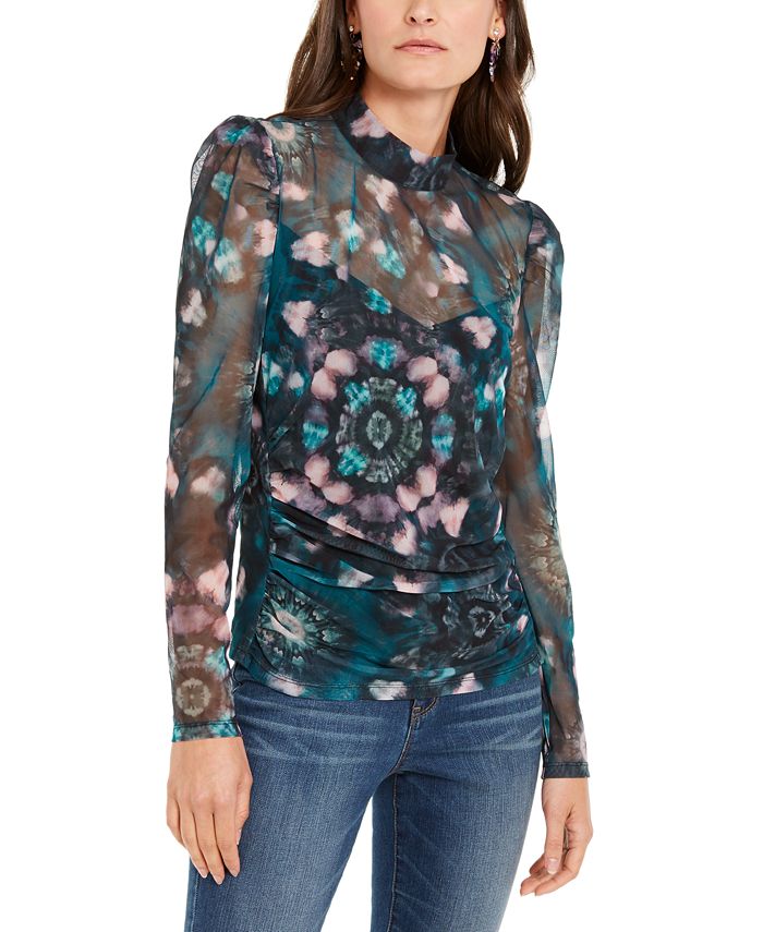 Blusa feminina com estampa floral e gola alta, azul, tamanho X-S