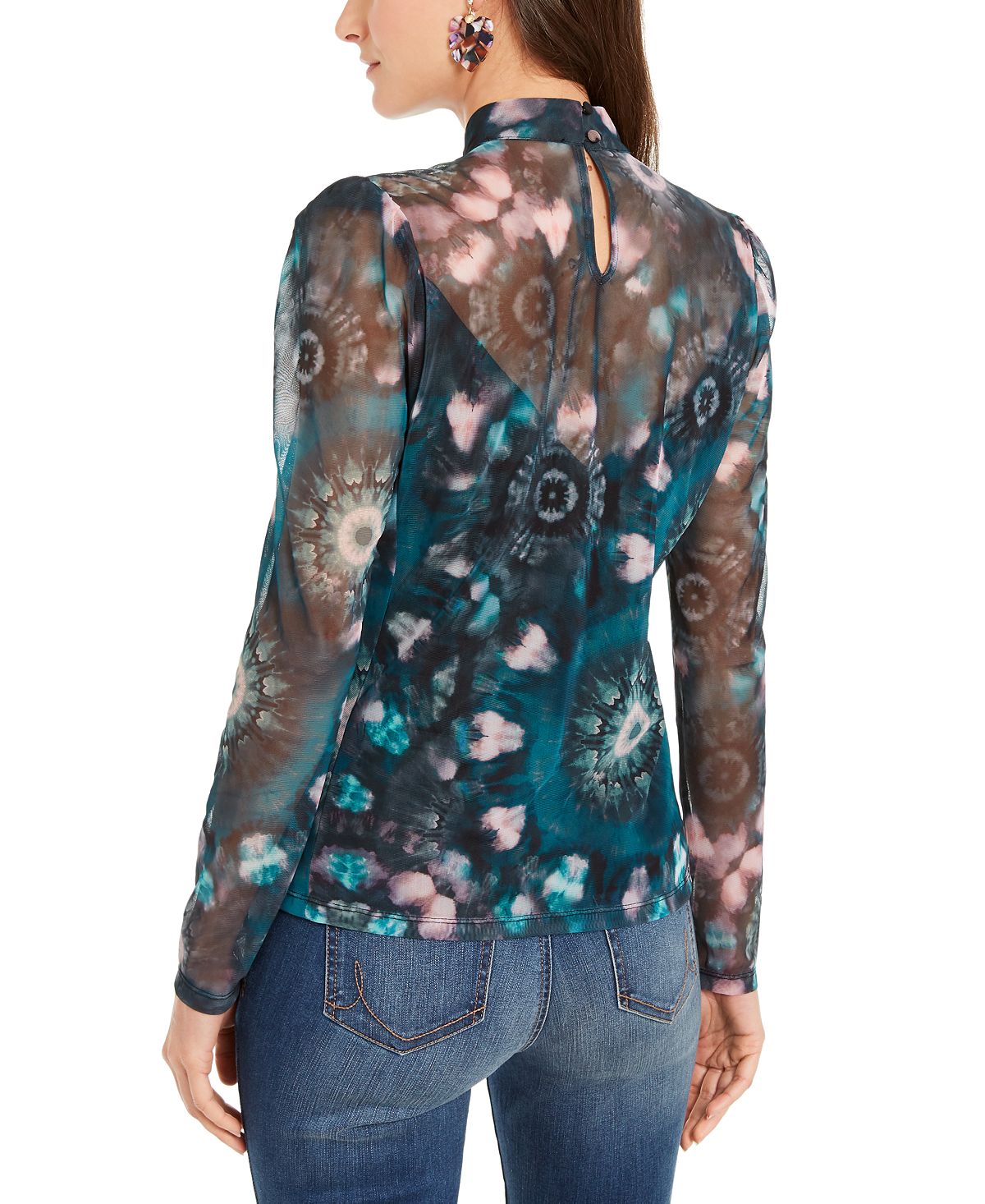 Blusa feminina com estampa floral e gola alta, azul, tamanho X-S