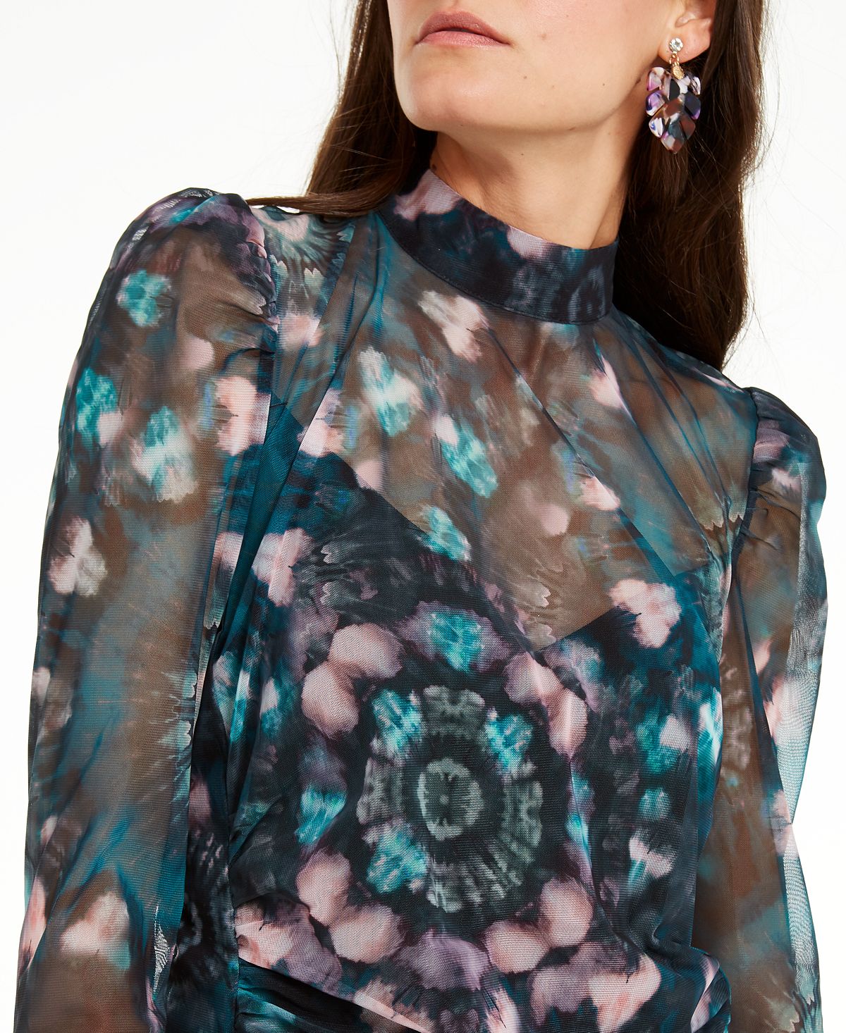 Blusa feminina com estampa floral e gola alta, azul, tamanho X-S