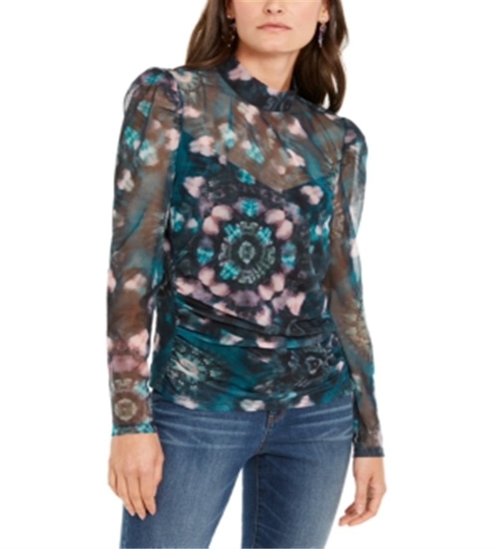 Blusa feminina com estampa floral e gola alta, azul, tamanho X-S
