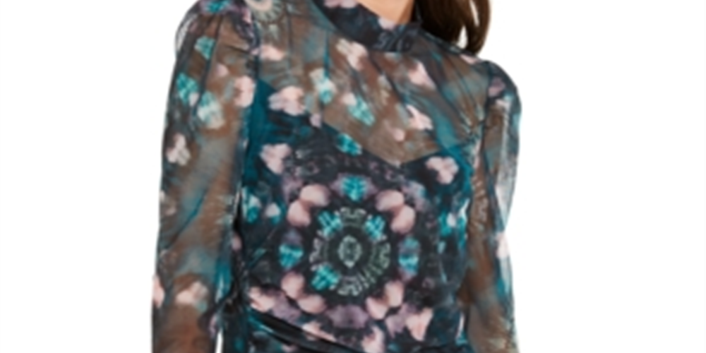 Blusa feminina com estampa floral e gola alta, azul, tamanho X-S