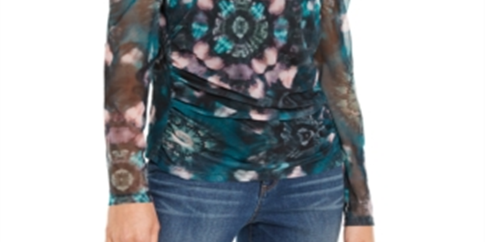 Blusa feminina com estampa floral e gola alta, azul, tamanho X-S