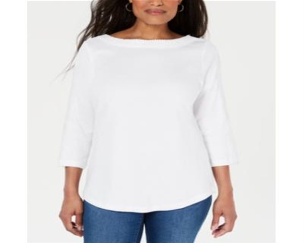 Blusa feminina Karen Scott com acabamento em renda e algodão, tamanho XS, branca