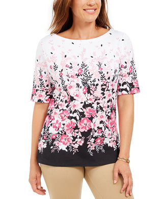 Karen Scott Blusa feminina com estampa floral e decote canoa, preta, tamanho pequeno