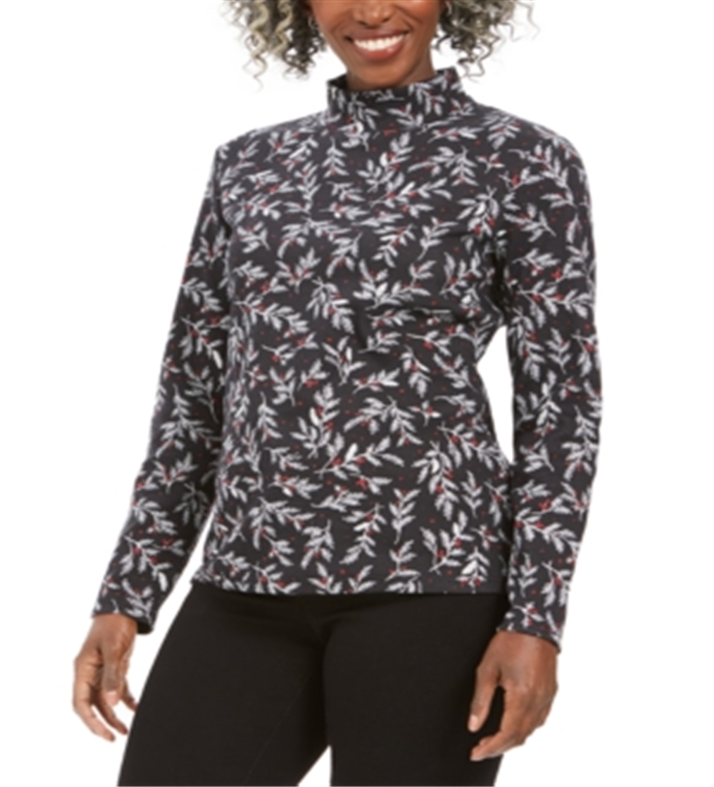 Karen Scott Blusa Feminina Estampada Wheat Fields Gola Mock Preta Tamanho Pequeno Médio