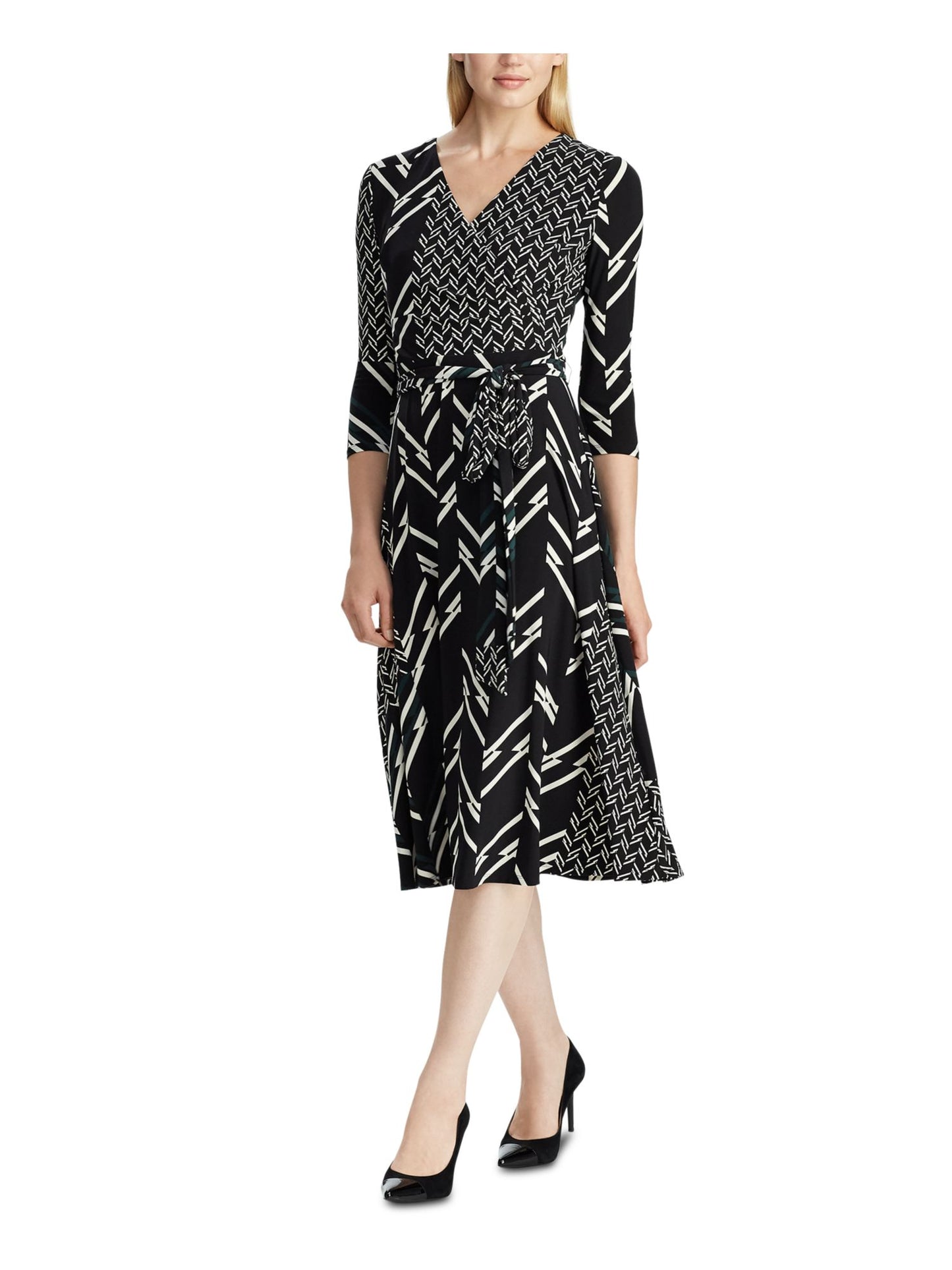 Vestido Ralph Lauren Feminino com Cinto, Espinha de Peixe, Manga 3/4, Decote em V, Comprimento Médio, Ajuste Flare, Preto, Tamanho 2