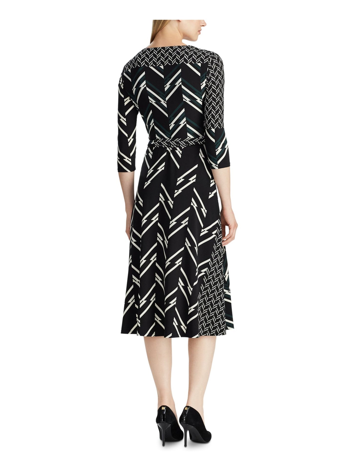 Vestido Ralph Lauren Feminino com Cinto, Espinha de Peixe, Manga 3/4, Decote em V, Comprimento Médio, Ajuste Flare, Preto, Tamanho 2