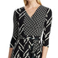Vestido Ralph Lauren Feminino com Cinto, Espinha de Peixe, Manga 3/4, Decote em V, Comprimento Médio, Ajuste Flare, Preto, Tamanho 2