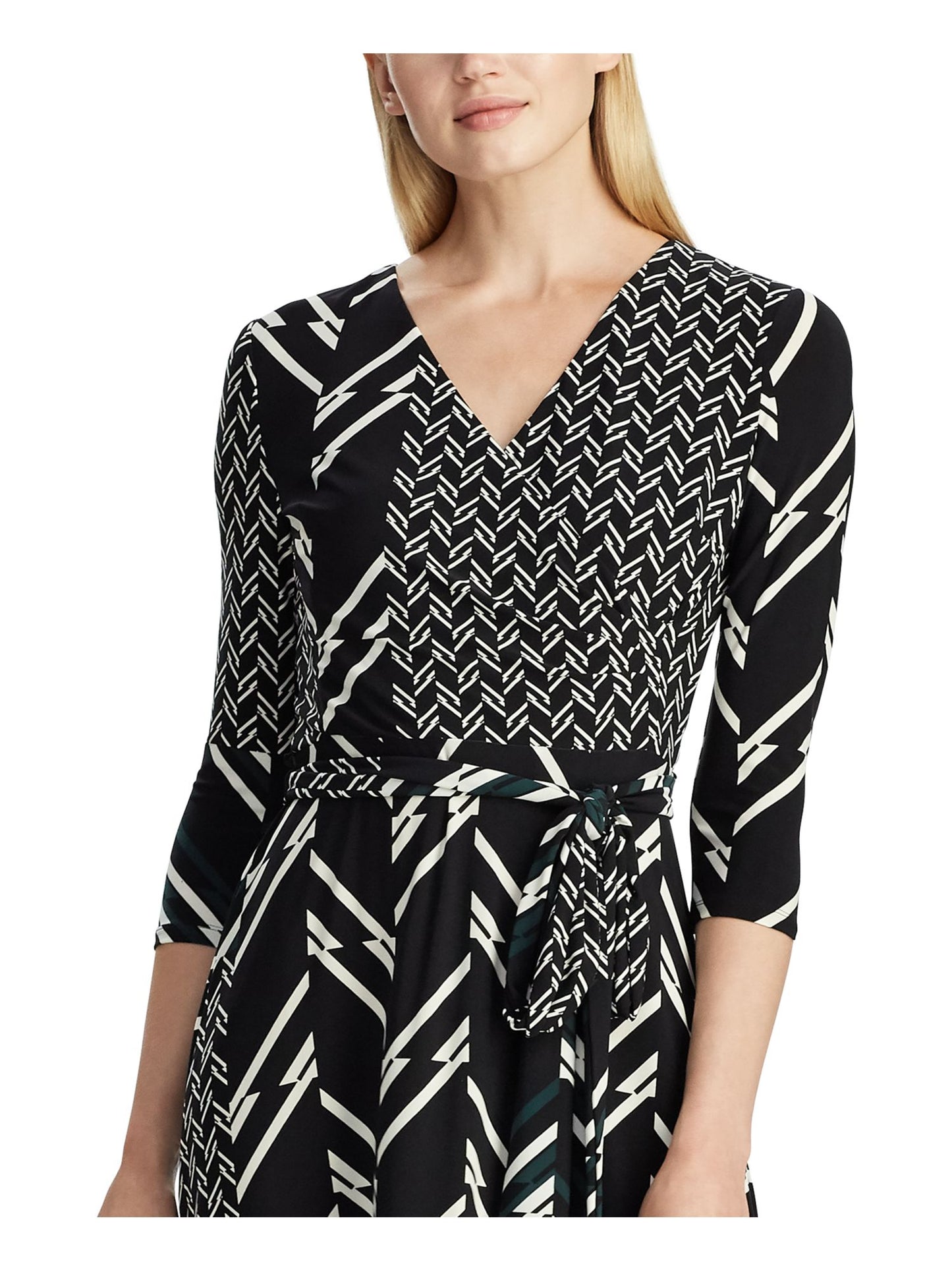 Vestido Ralph Lauren Feminino com Cinto, Espinha de Peixe, Manga 3/4, Decote em V, Comprimento Médio, Ajuste Flare, Preto, Tamanho 2