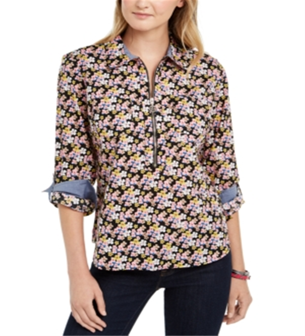 Tommy Hilfiger Blusa feminina com estampa de gola alta e zíper, preta, tamanho GG