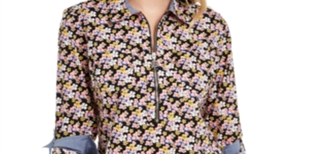 Tommy Hilfiger Blusa feminina com estampa de gola alta e zíper, preta, tamanho GG