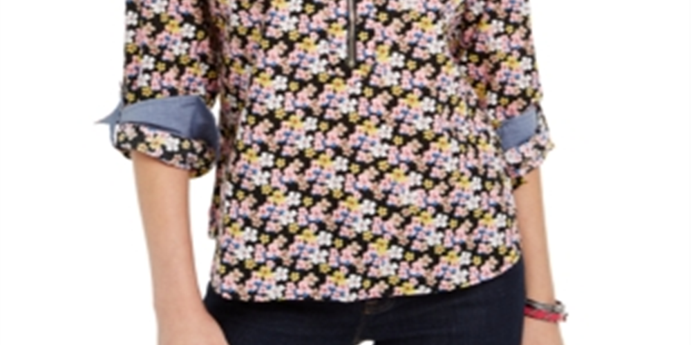 Tommy Hilfiger Blusa feminina com estampa de gola alta e zíper, preta, tamanho GG