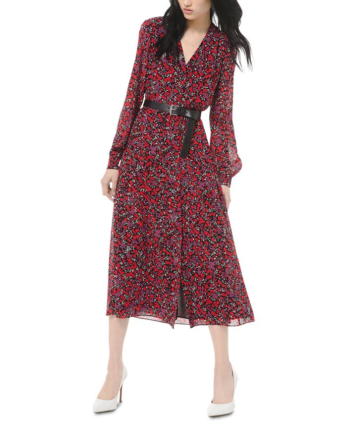 Vestido MIDI com cinto estampado feminino Michael Kors, vermelho, tamanho pequeno