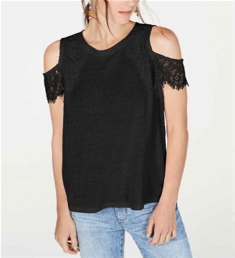 Blusa feminina INC International Concepts com ombros descobertos e mistura de linho e renda, preta, tamanho X-S