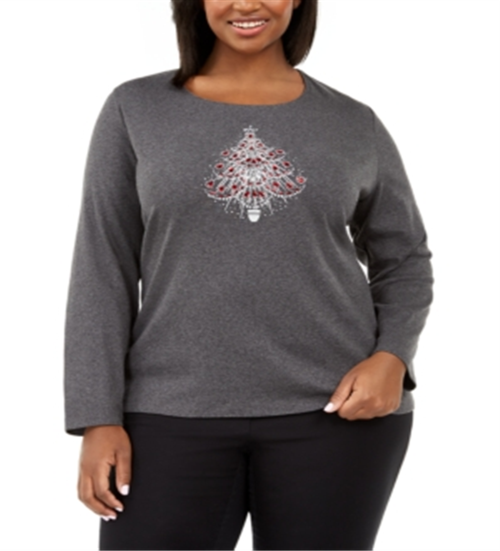 Camiseta feminina Karen Scott Plus Cotton com estampa de árvore, cinza, tamanho 0X