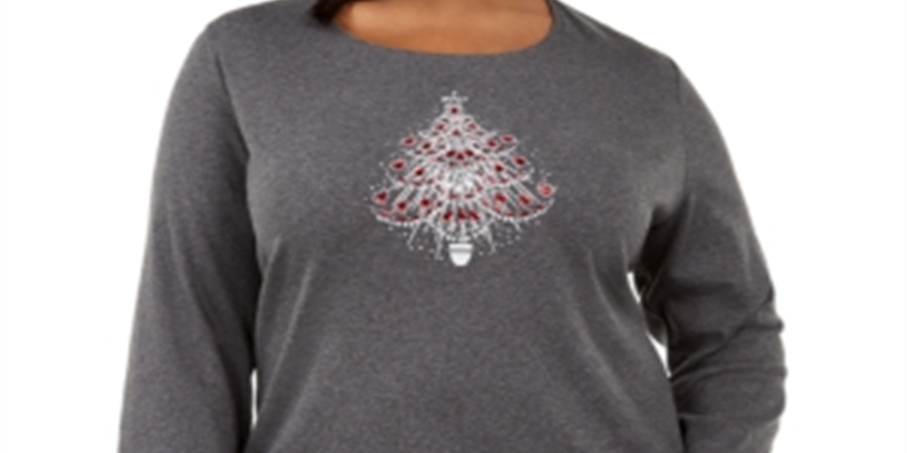 Camiseta feminina Karen Scott Plus Cotton com estampa de árvore, cinza, tamanho 0X