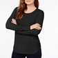 INC International Concepts Top de malha feminino, decote profundo, manga comprida canelada, preto, tamanho extragrande
