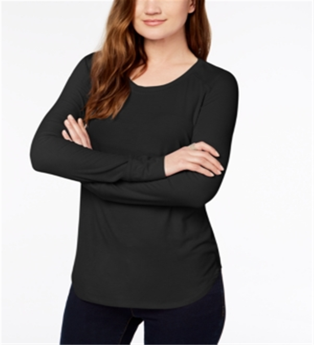 INC International Concepts Top de malha feminino, decote profundo, manga comprida canelada, preto, tamanho extragrande