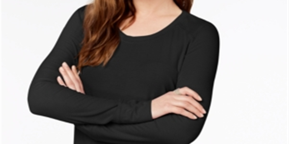 INC International Concepts Top de malha feminino, decote profundo, manga comprida canelada, preto, tamanho extragrande
