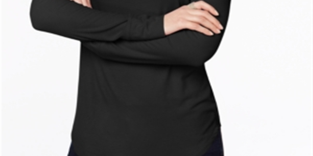 INC International Concepts Top de malha feminino, decote profundo, manga comprida canelada, preto, tamanho extragrande