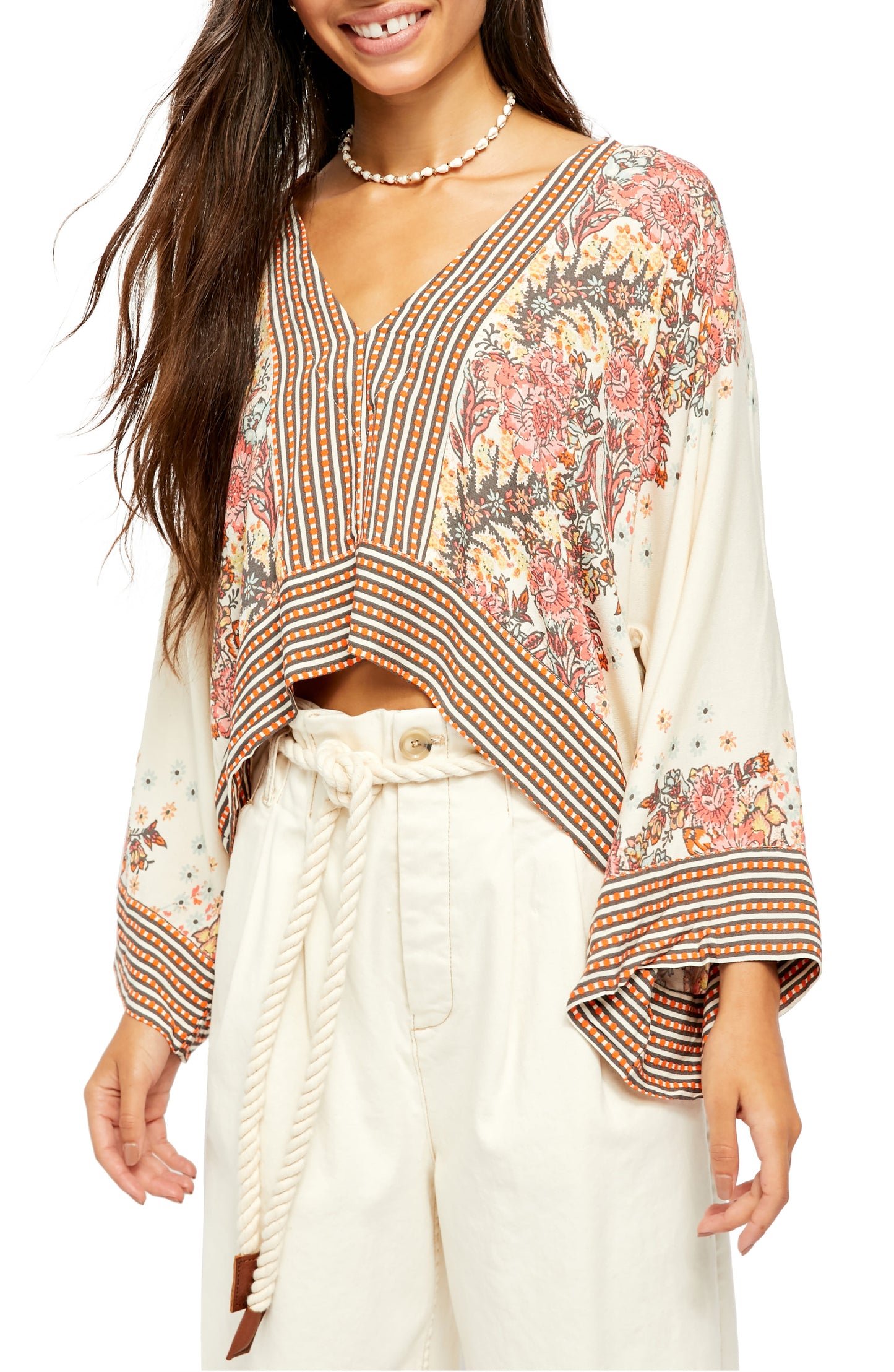 Blusa cropped feminina Free People com decote em V, marrom, tamanho médio