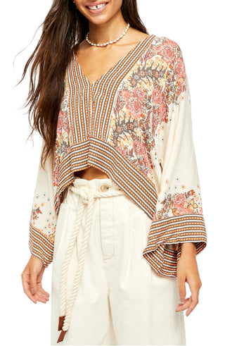 Blusa cropped feminina Free People com decote em V, marrom, tamanho médio