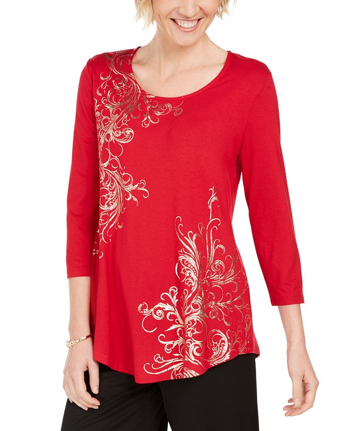 Top estampado feminino JM Collection com decote redondo, vermelho, tamanho pequeno P
