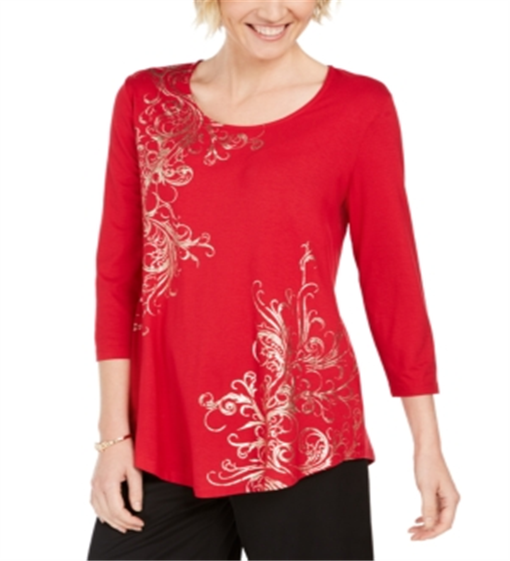 Top estampado feminino JM Collection com decote redondo, vermelho, tamanho pequeno P