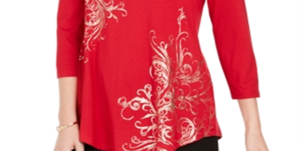 Top estampado feminino JM Collection com decote redondo, vermelho, tamanho pequeno P