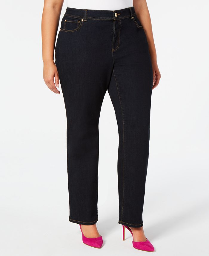 Calça jeans feminina com controle de barriga e perna reta da INC International Concepts, preta, tamanho 18W