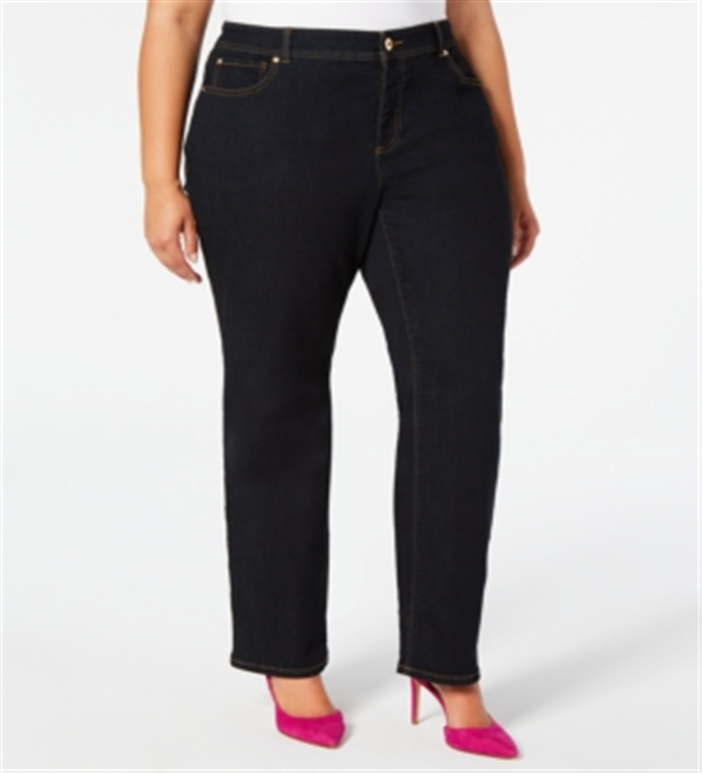 Calça jeans feminina com controle de barriga e perna reta da INC International Concepts, preta, tamanho 18W