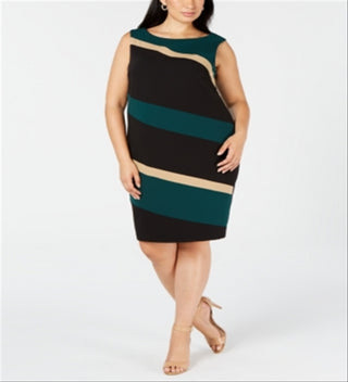 Connected Women's Color Block Sleeveless Jewel Neck Knee Length Sheath Wear to Work Dress Green Size 24W