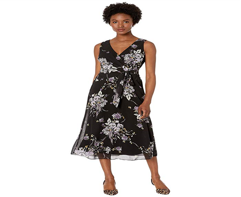 Vestido de festa feminino Ralph Lauren, sem mangas, floral, decote em V, midi, preto, tamanho 14, pequeno