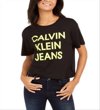 Camiseta jeans feminina Calvin Klein cropped com logo preta tamanho GG