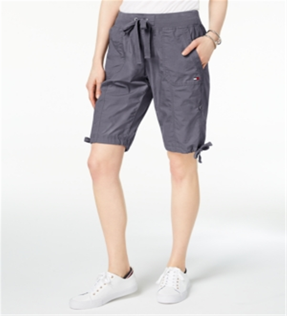 Bermuda cargo feminina Tommy Hilfiger, casual, enrolada, conversível, cinza, tamanho médio