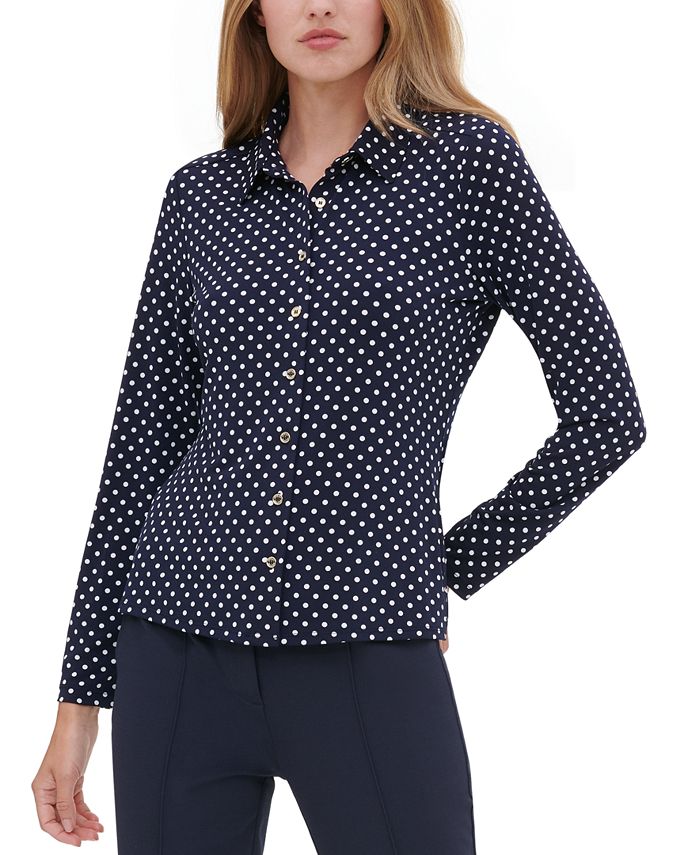 Camisa feminina Tommy Hilfiger com botões e bolinhas, azul, tamanho pequeno