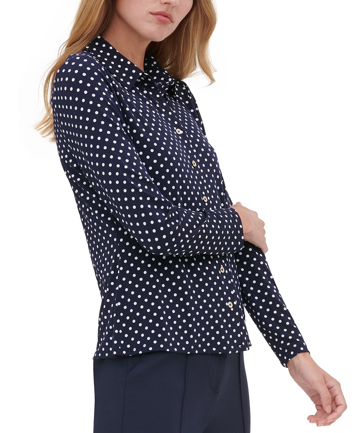 Camisa feminina Tommy Hilfiger com botões e bolinhas, azul, tamanho pequeno