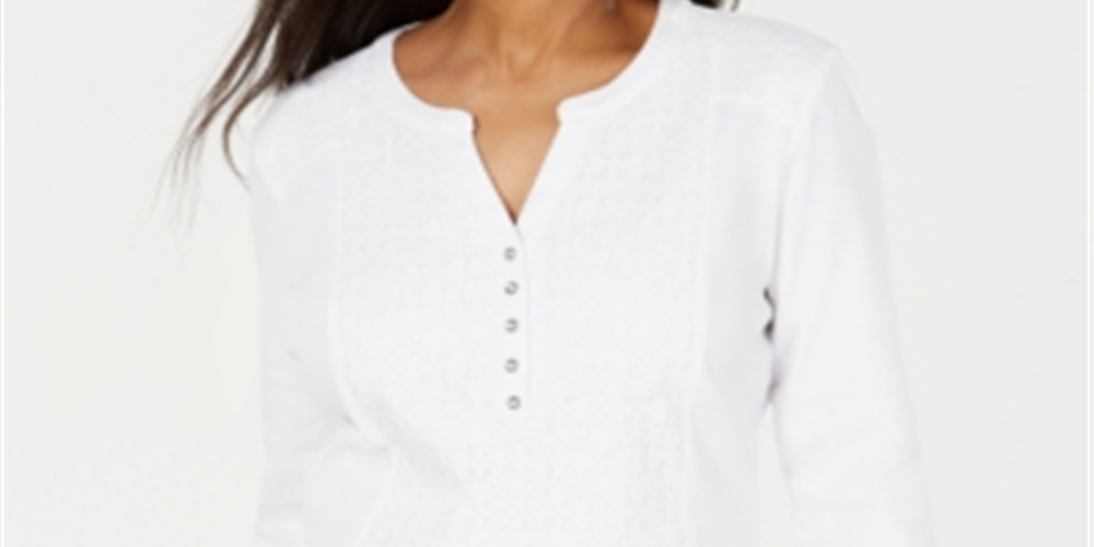 Karen Scott Top Henley Feminino de Algodão com Ilhós Frontais Branco Tamanho Pequeno P/M